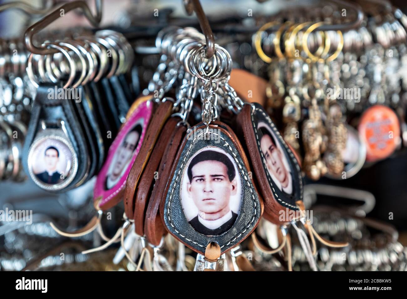 Souvenirs of Saint Toribio Romo at the Sanctuary Santa Ana de Guadalupe in Jalisco State, Mexico. Father Toribio was a Mexican Catholic priest and martyr who was killed during the anti-clerical persecutions of the Cristero War. Stock Photo