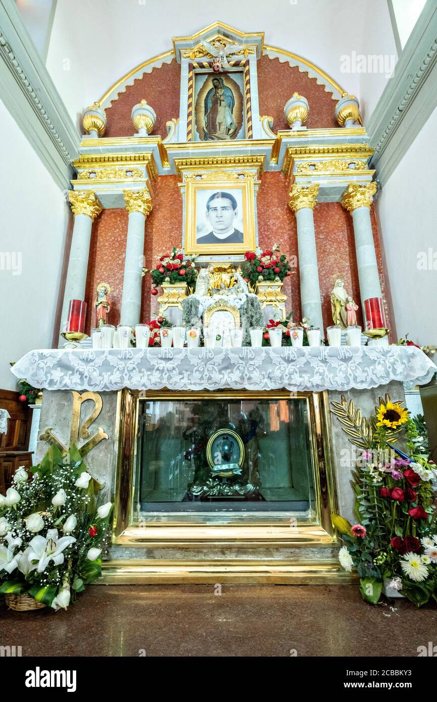 The chapel where Saint Toribio Romo was the parish priest in Santa Ana de Guadalupe, Jalisco State, Mexico. Father Toribio was a Mexican Catholic priest and martyr who was killed during the anti-clerical persecutions of the Cristero War. Stock Photo