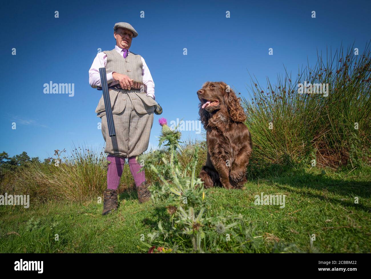 Estate owner Dee Ward with Mylo the dog, part of the shooting party on the moors at the Rottal Estate in Glen Clova, near Kirriemuir, Angus, as the Glorious 12th, the official start of the grouse shooting season, gets underway. Stock Photo