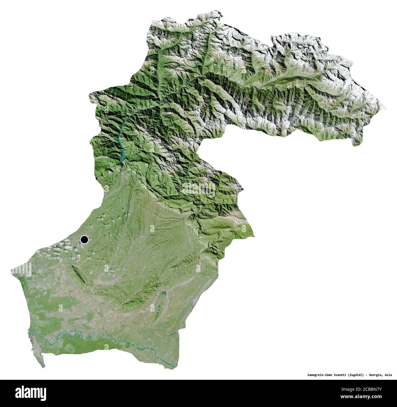 Shape of Samegrelo-Zemo Svaneti, region of Georgia, with its capital isolated on white background. Satellite imagery. 3D rendering Stock Photo