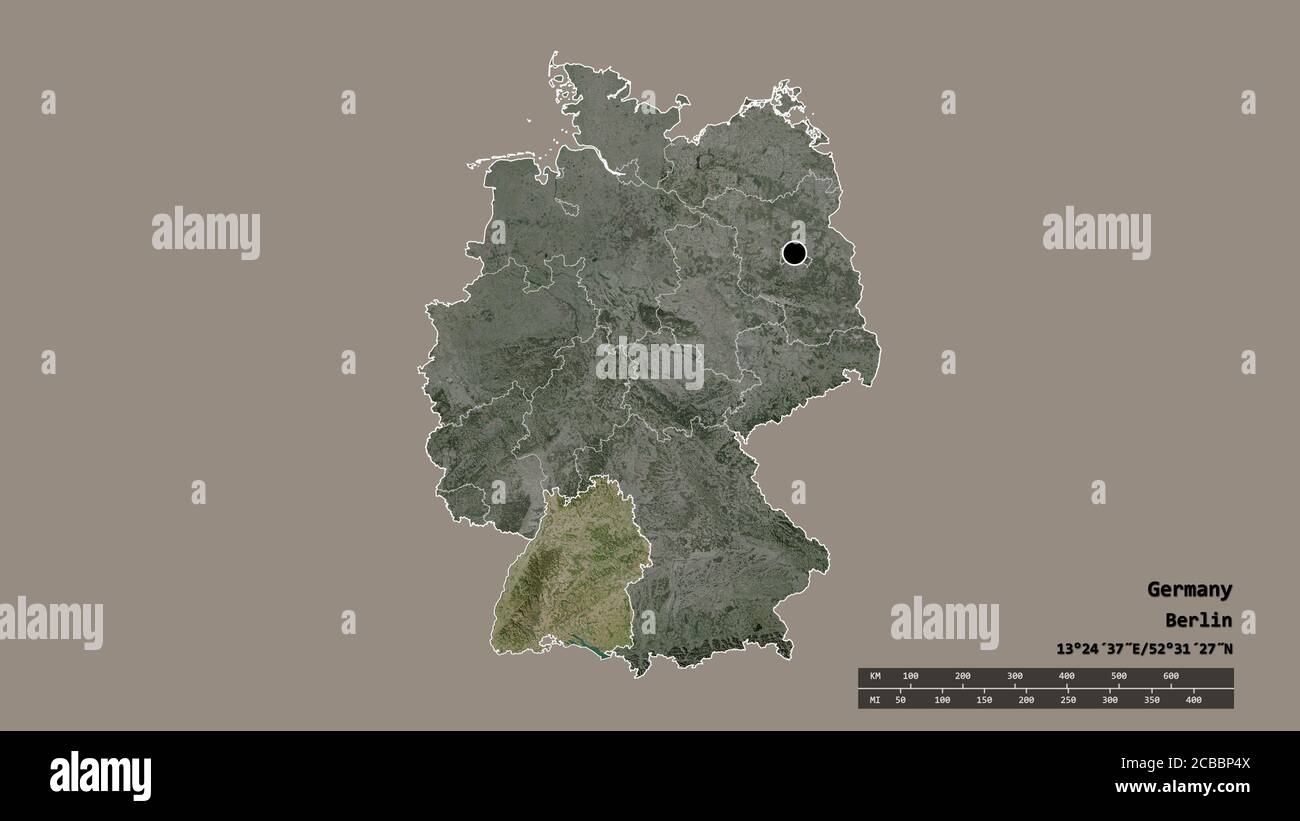 Desaturated shape of Germany with its capital, main regional division ...
