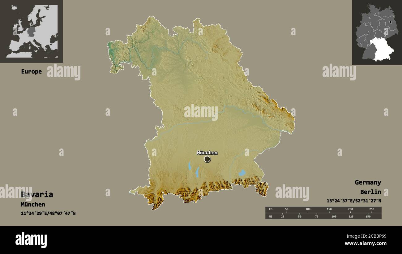 Shape of Bavaria, state of Germany, and its capital. Distance scale ...