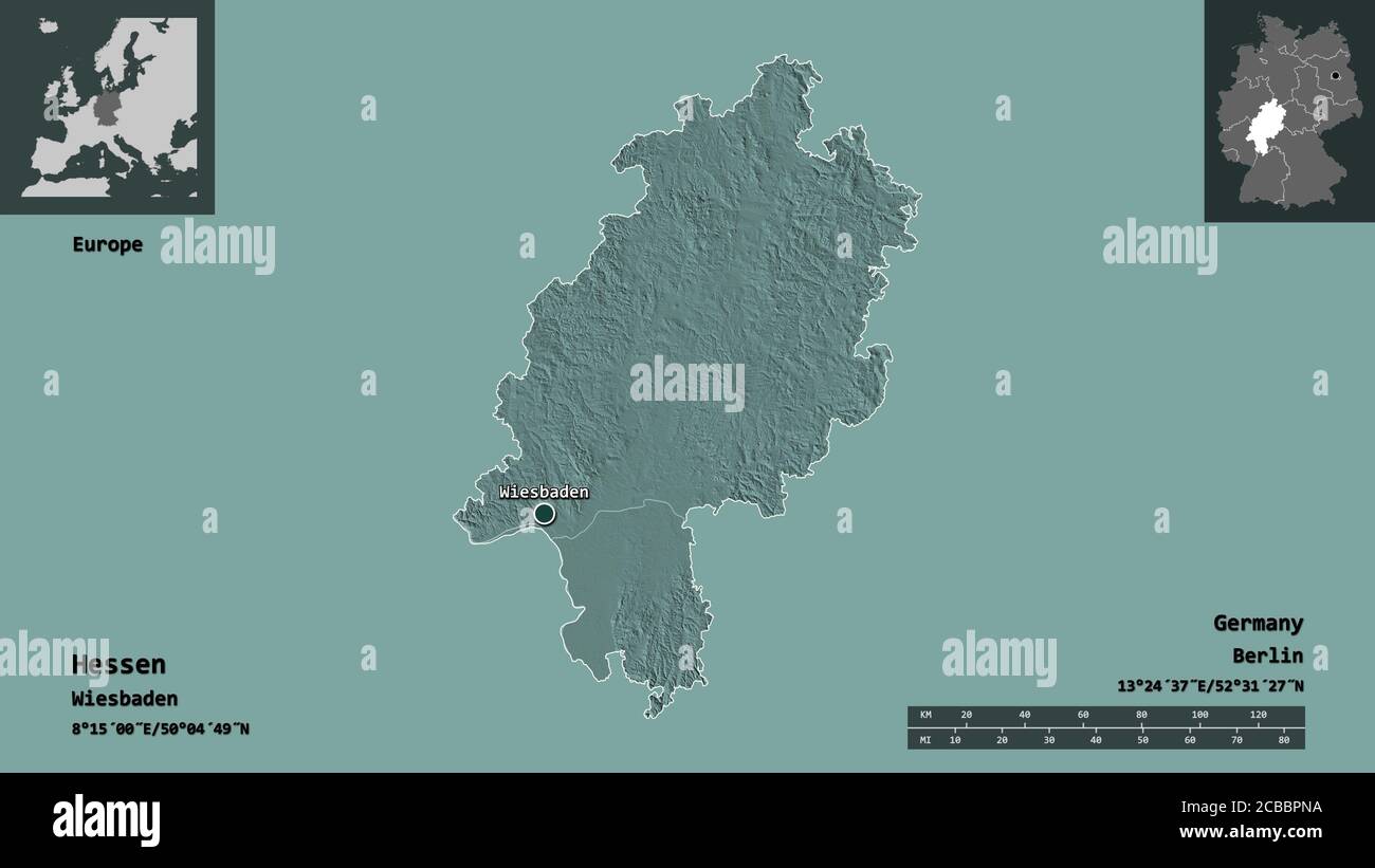Shape of Hessen, state of Germany, and its capital. Distance scale