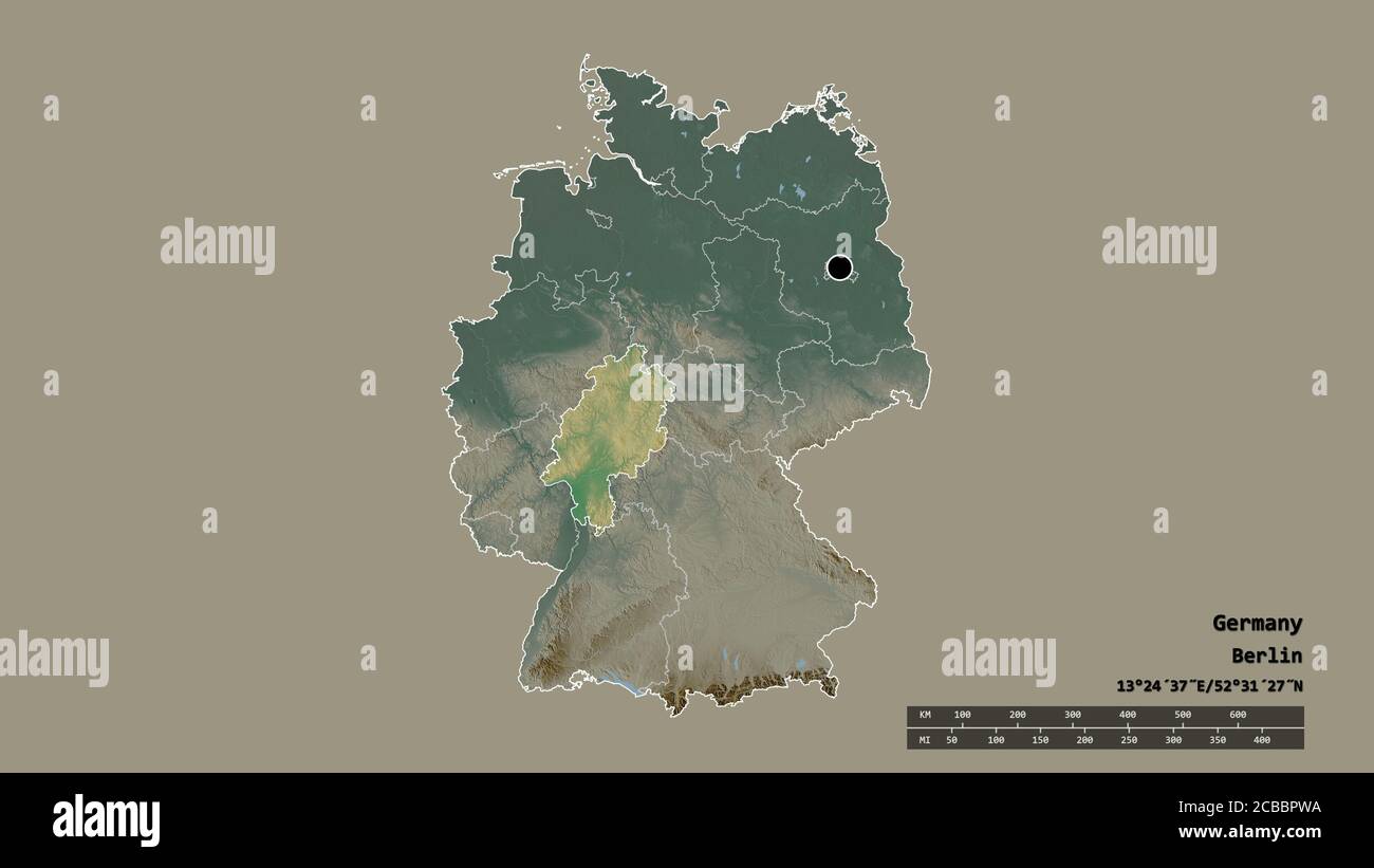 Desaturated shape of Germany with its capital, main regional division ...