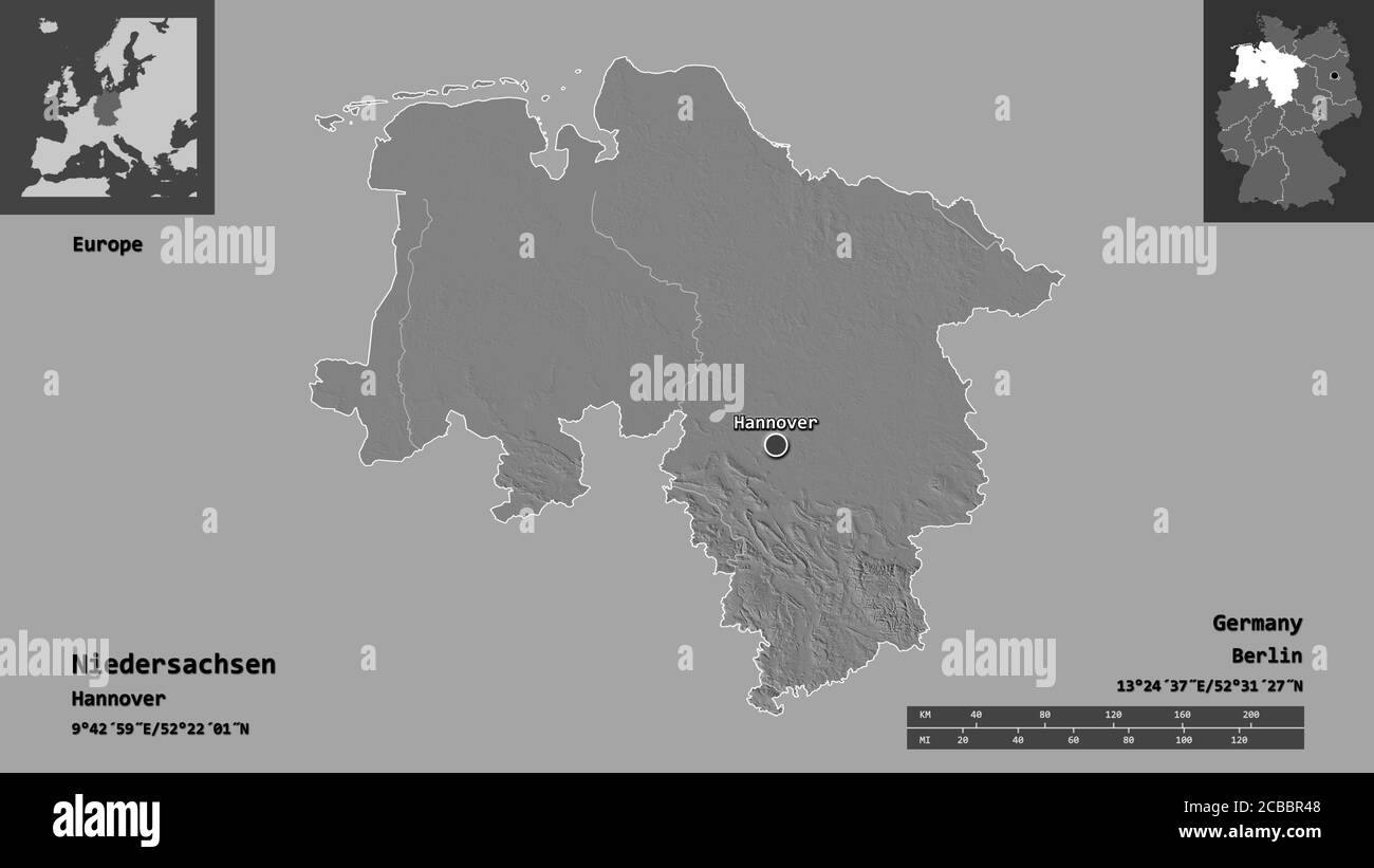 Shape of Niedersachsen, state of Germany, and its capital. Distance