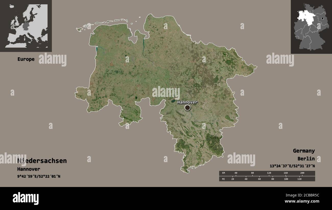 Shape of Niedersachsen, state of Germany, and its capital. Distance