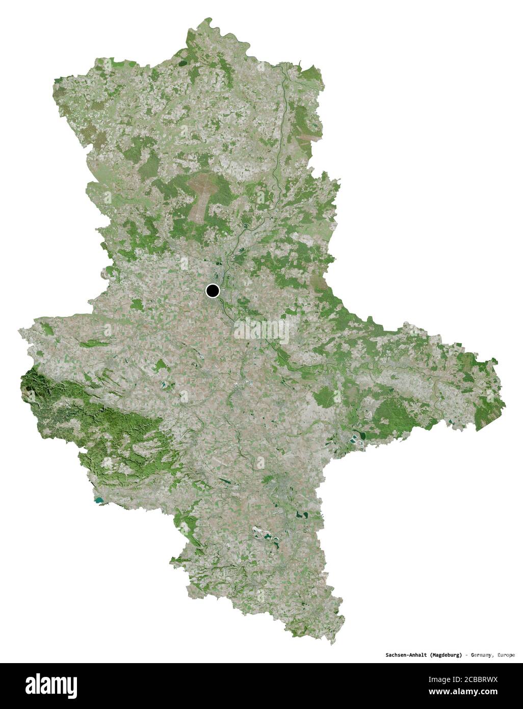 Shape of Sachsen-Anhalt, state of Germany, with its capital isolated on white background. Satellite imagery. 3D rendering Stock Photo