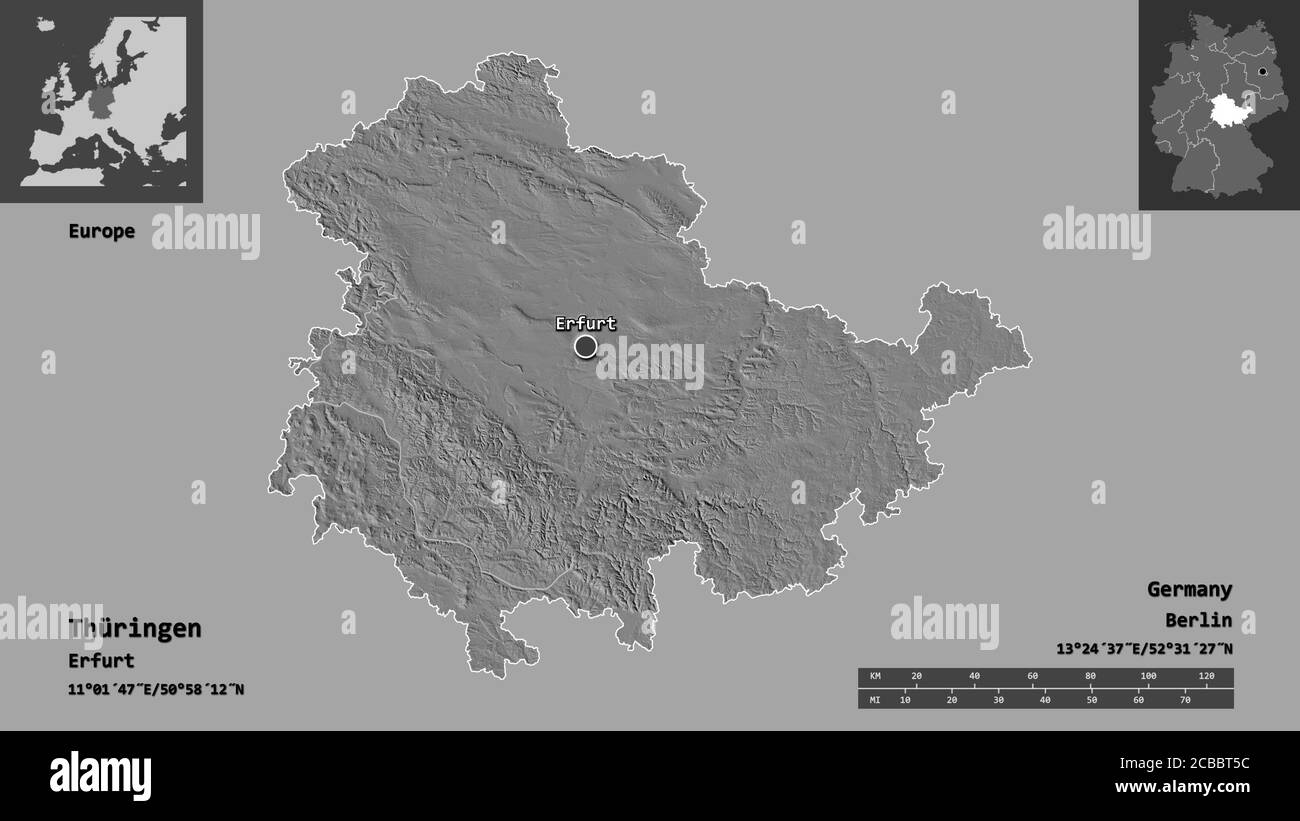 Shape of Thüringen, state of Germany, and its capital. Distance scale ...