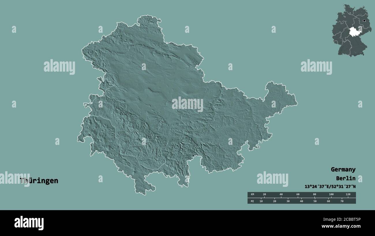 Shape of Thüringen, state of Germany, with its capital isolated on ...