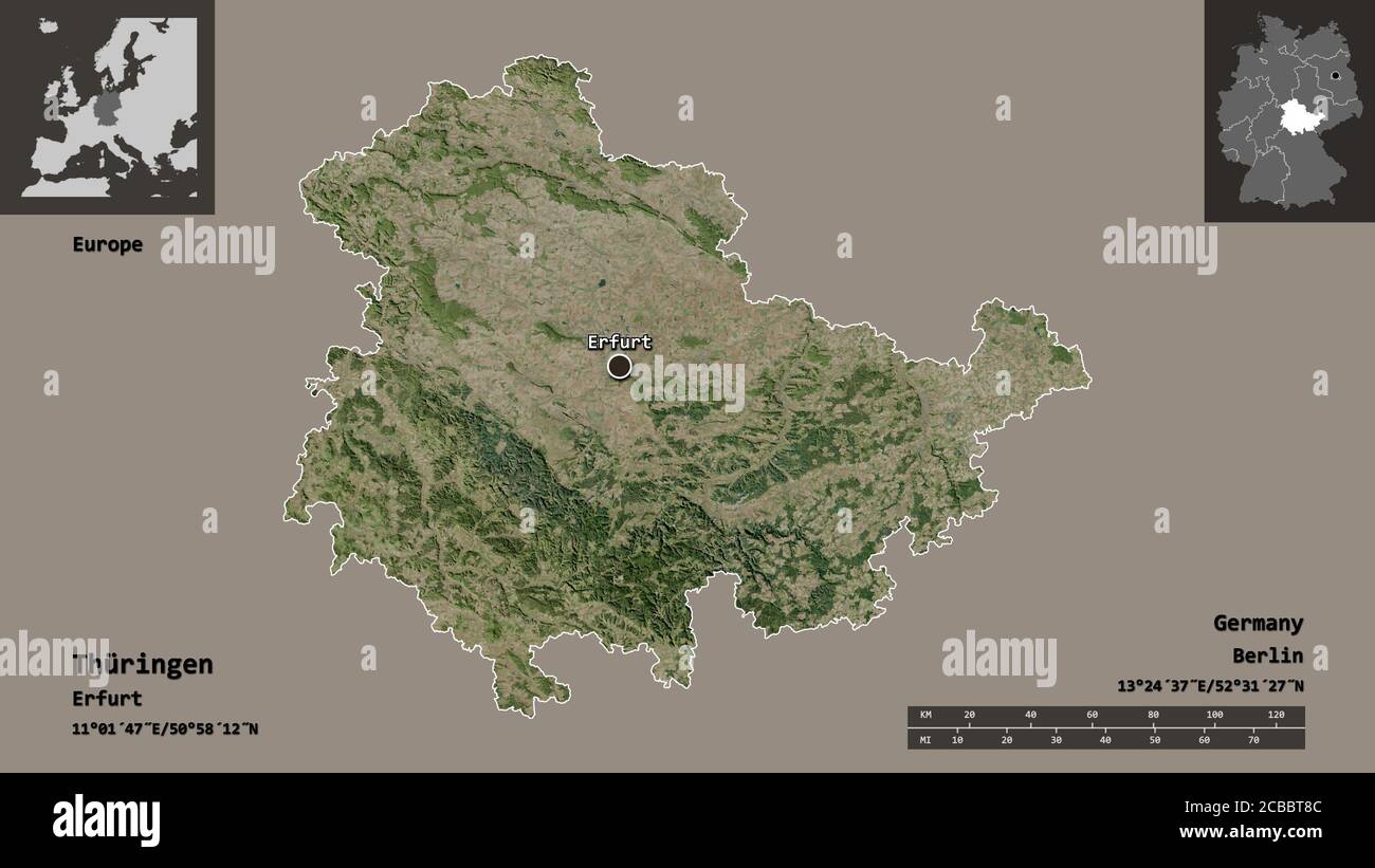 Shape of Thüringen, state of Germany, and its capital. Distance scale ...