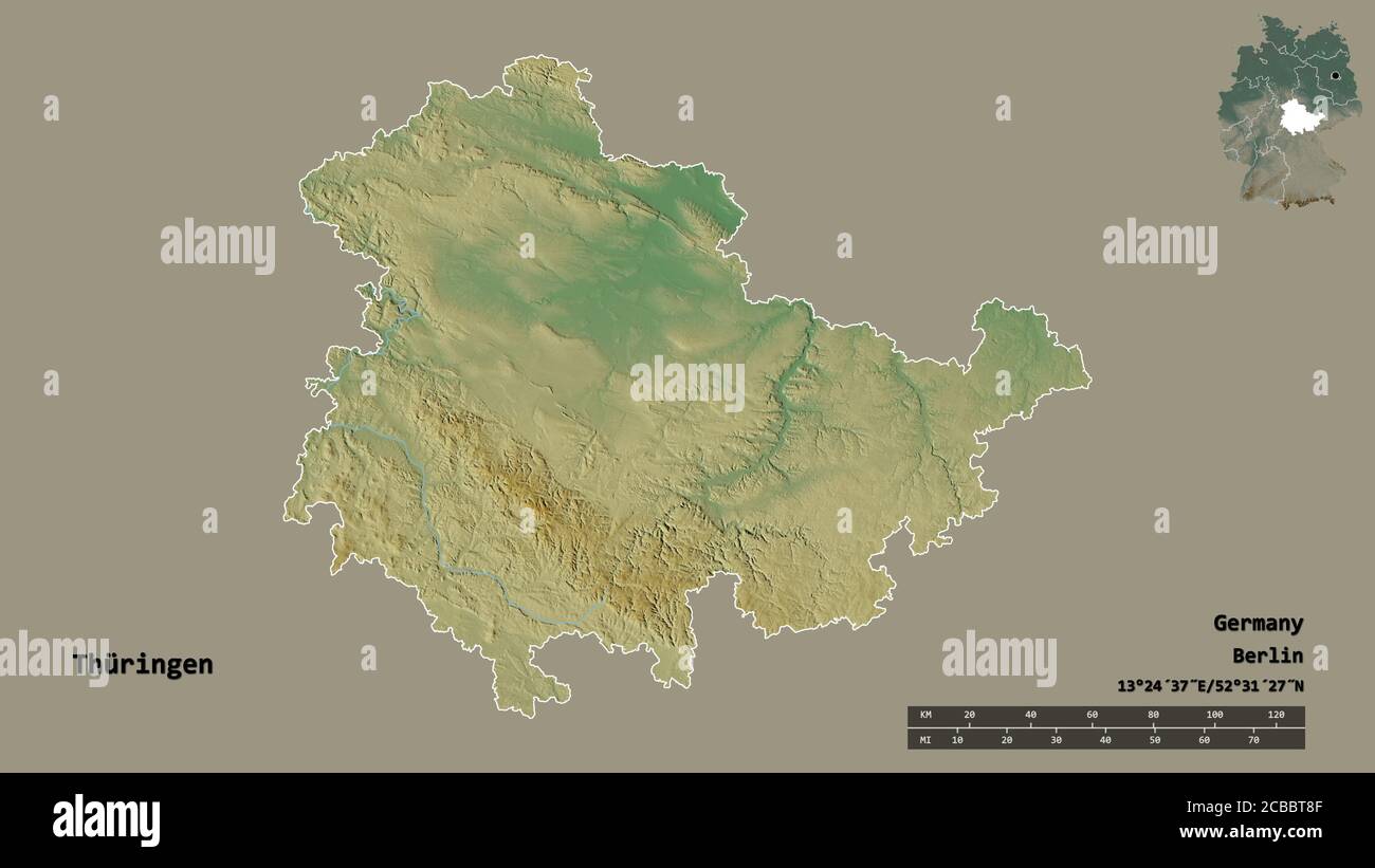 Shape of Thüringen, state of Germany, with its capital isolated on ...
