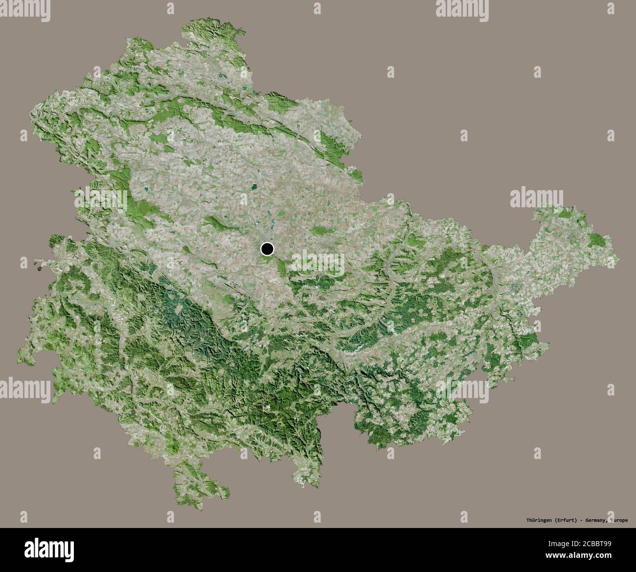 Shape of Thüringen, state of Germany, with its capital isolated on a ...