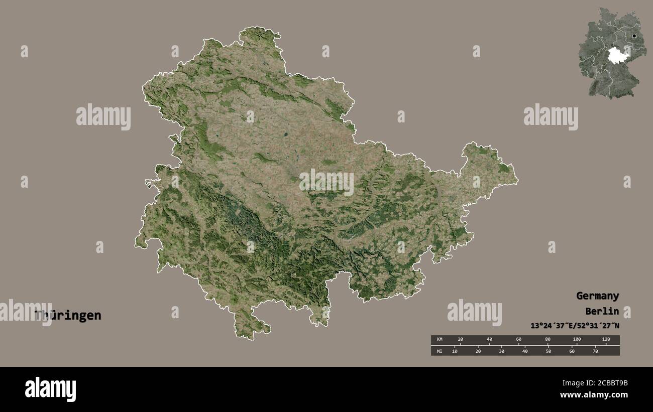Shape of Thüringen, state of Germany, with its capital isolated on ...