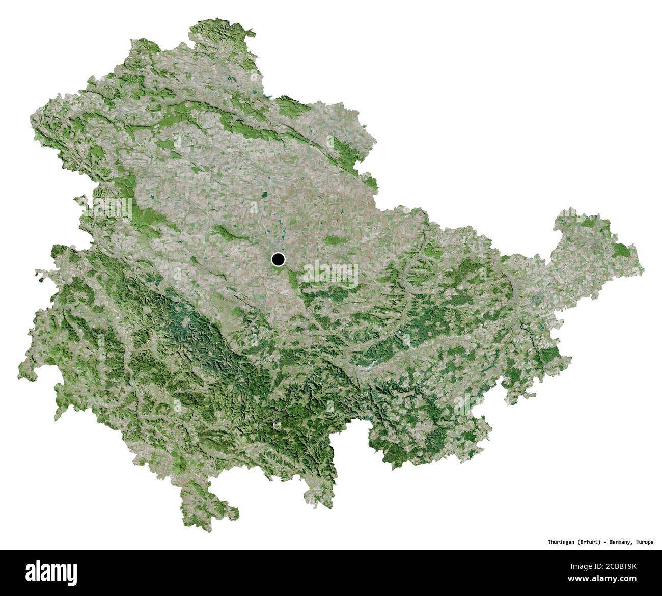 Shape of Thüringen, state of Germany, with its capital isolated on ...
