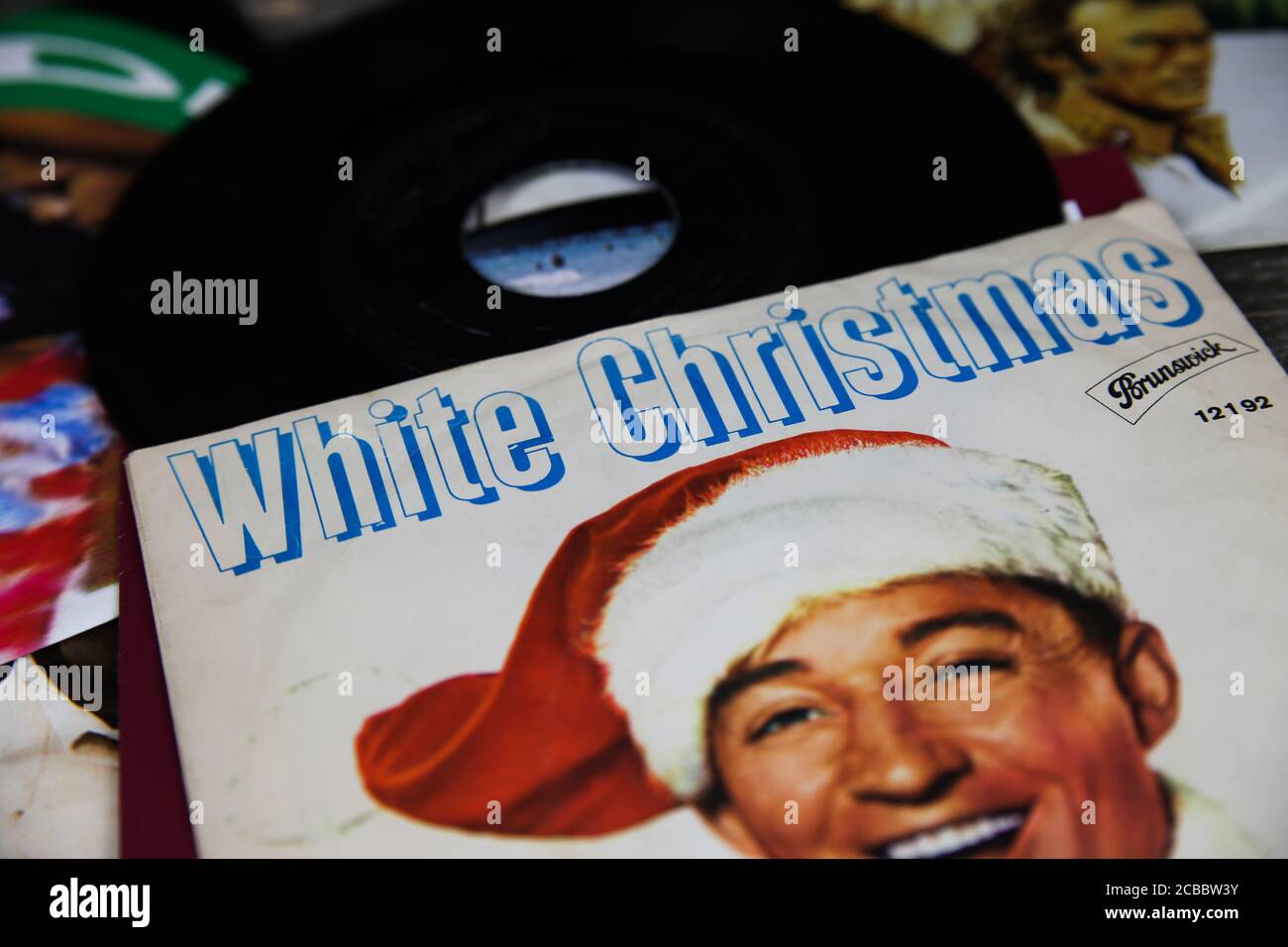 Viersen, Germany - July 9. 2020: Closeup of Bing Crosby white christmas single vinyl record cover from 1942 (focus on center) Stock Photo