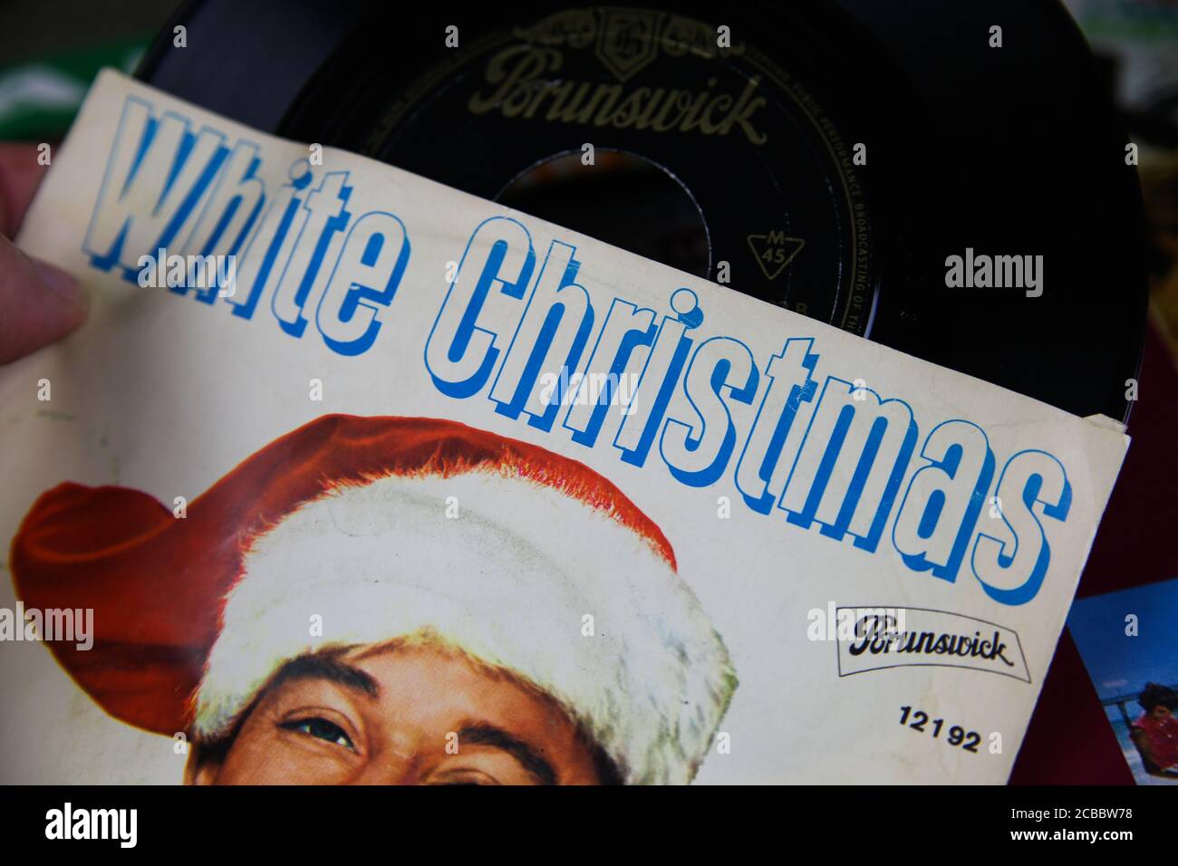 Viersen, Germany - July 9. 2020: Closeup of Bing Crosby white christmas single vinyl record cover from 1942 (focus on center) Stock Photo