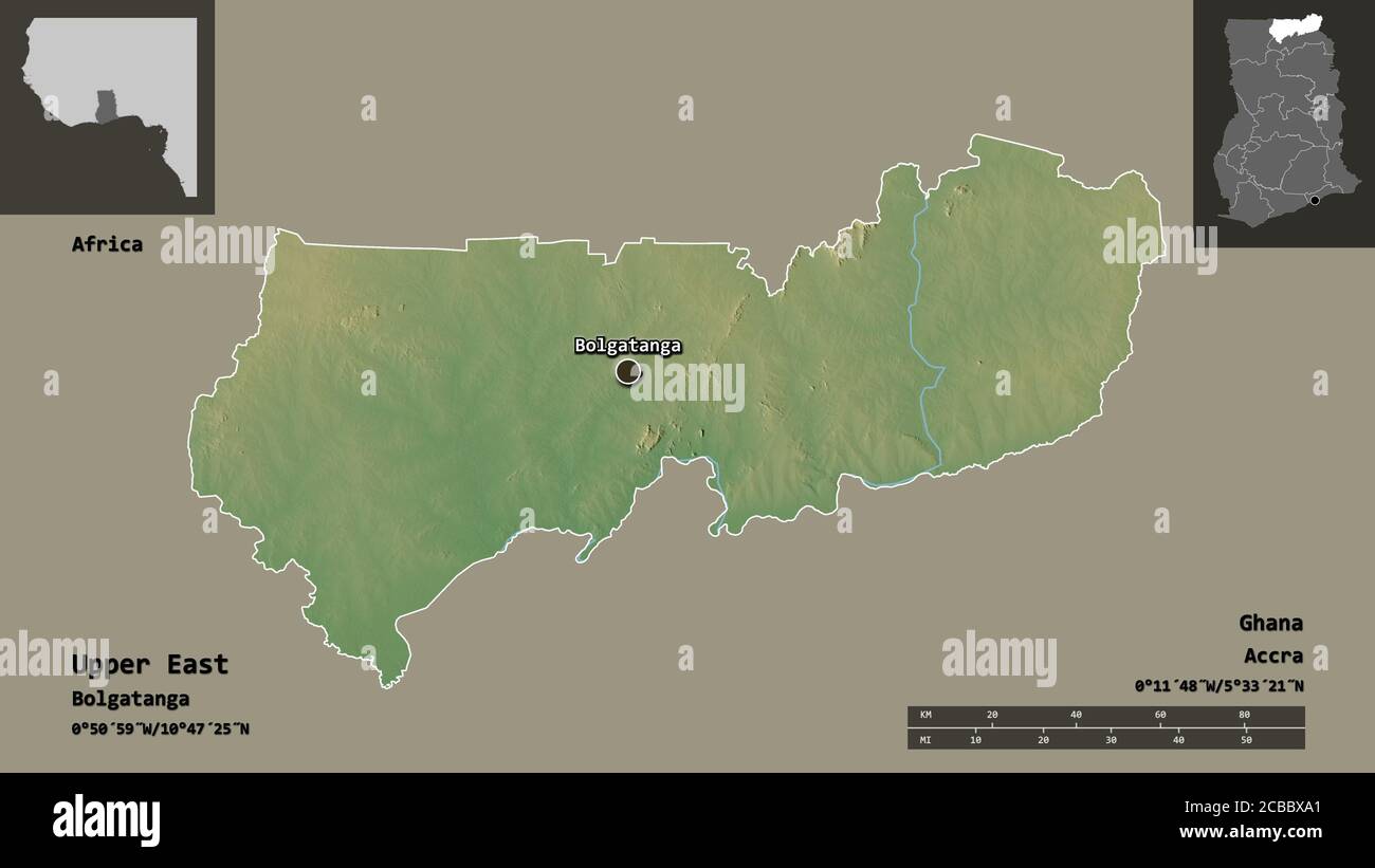 Shape of Upper East, region of Ghana, and its capital. Distance scale