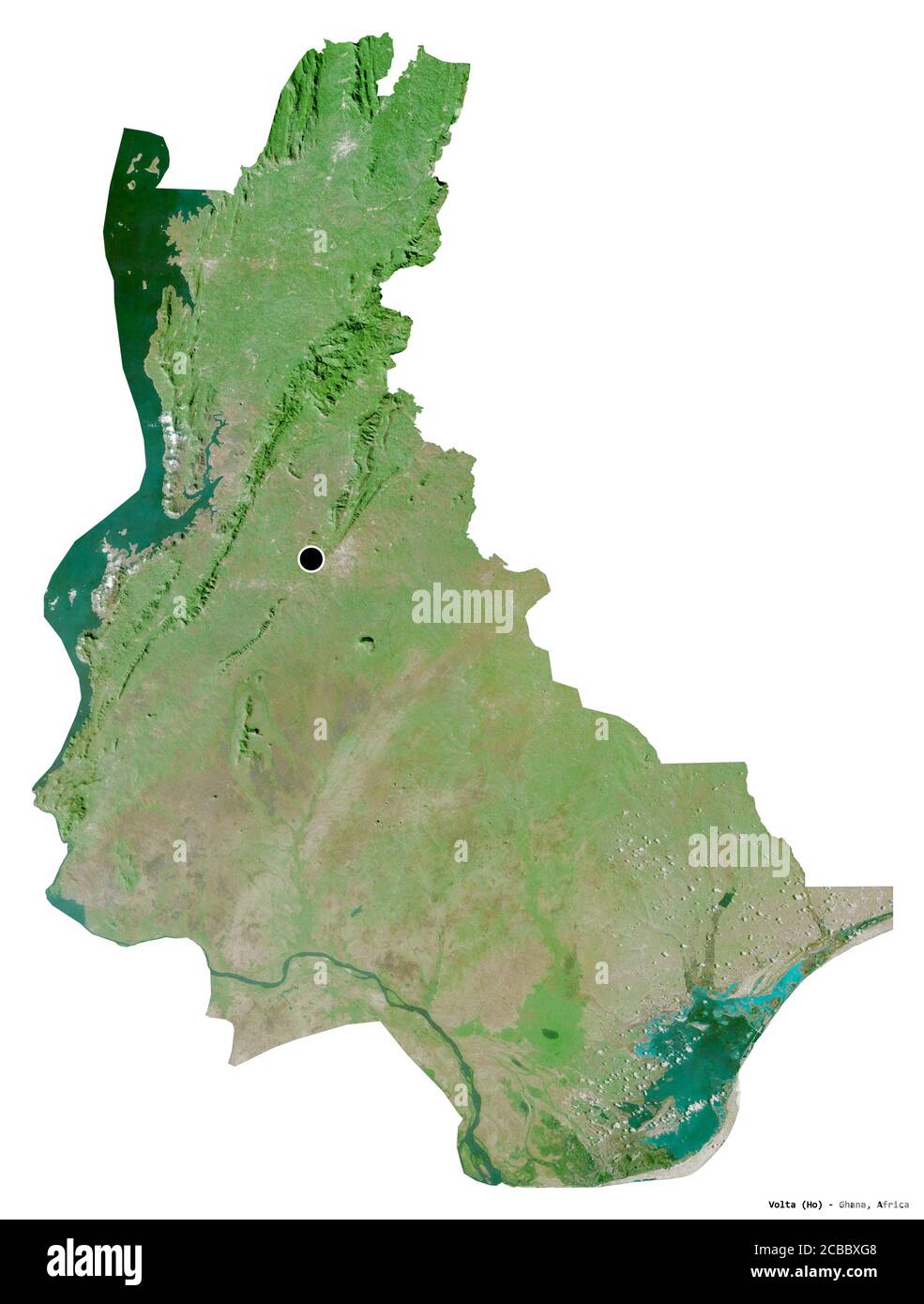 Shape of Volta, region of Ghana, with its capital isolated on white background. Satellite imagery. 3D rendering Stock Photo