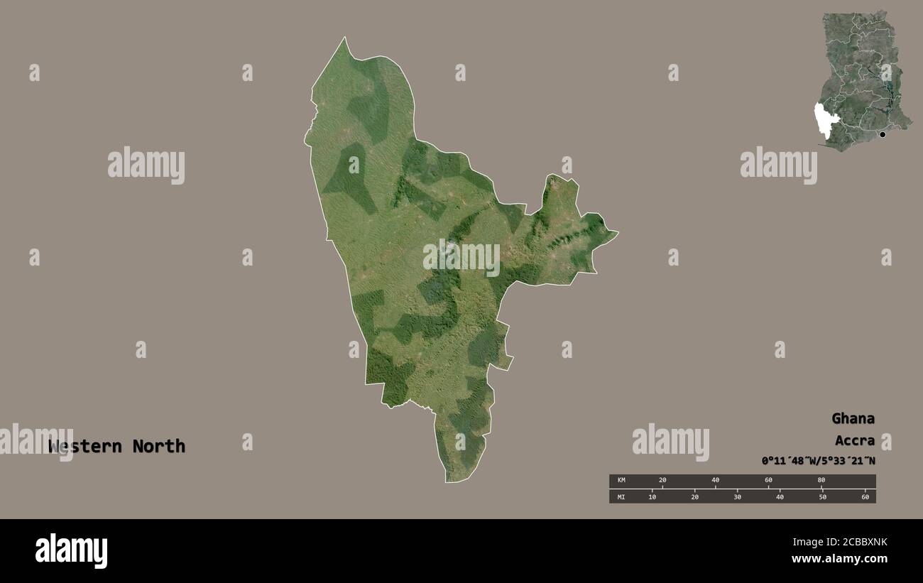 Map Of Western North Region Of Ghana Shape Of Western North, Region Of Ghana, With Its Capital Isolated On Solid  Background. Distance Scale, Region Preview And Labels. Satellite Imagery  Stock Photo - Alamy