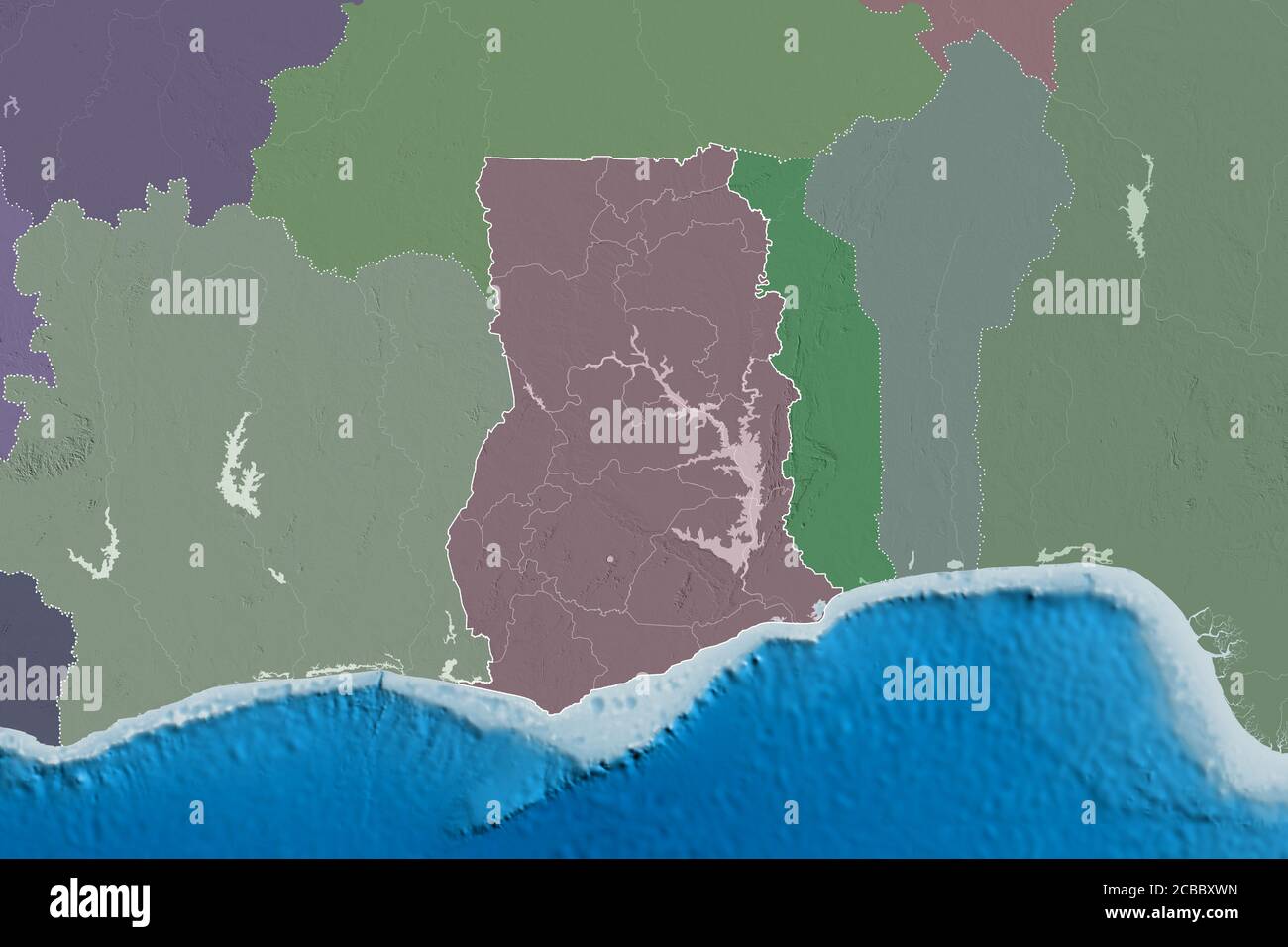 Extended area of Ghana with country outline, international and regional