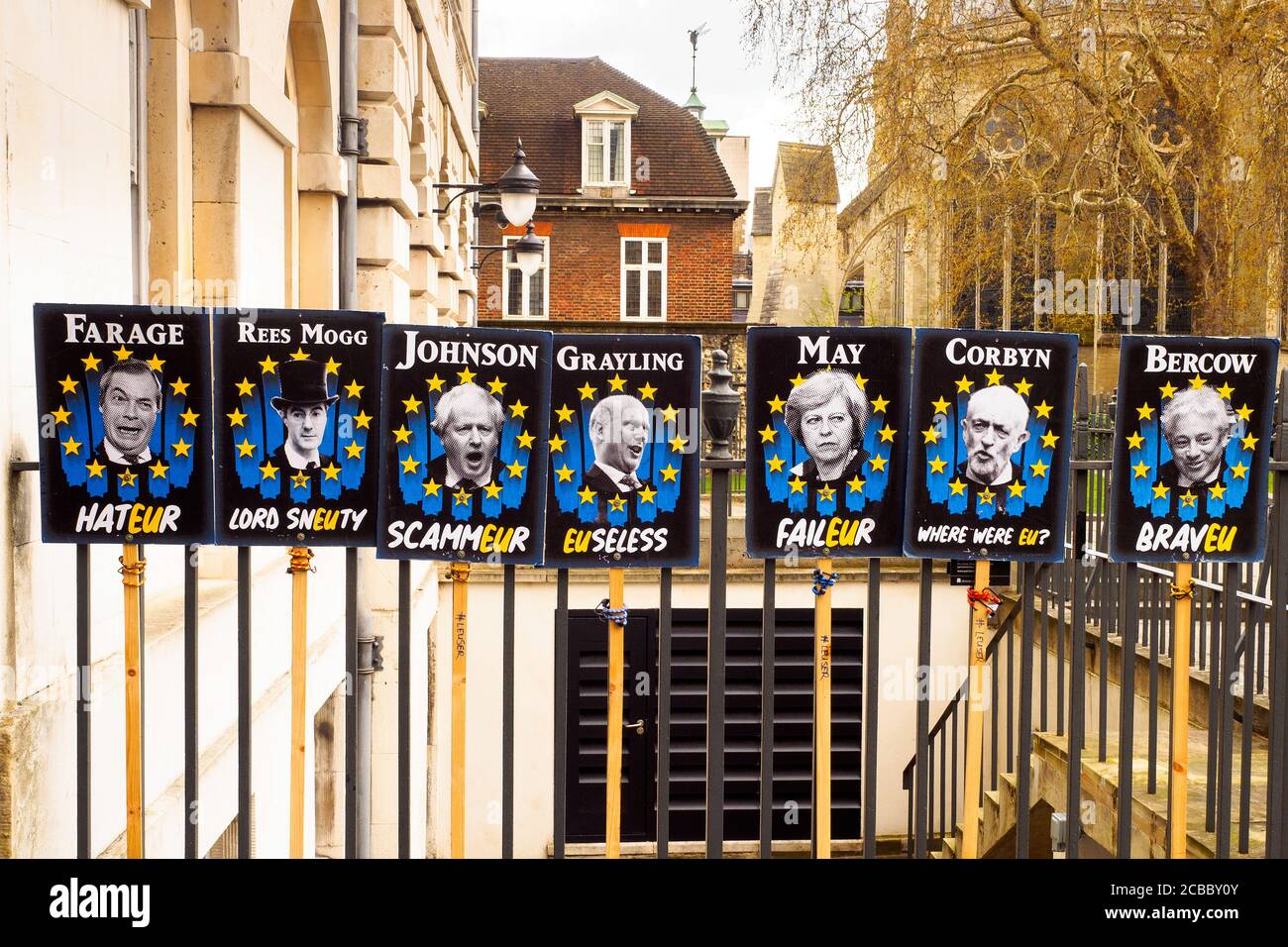 3 April 2019 - Political dissent signs near Westminster during the voting for the brexit deal - London, England Stock Photo