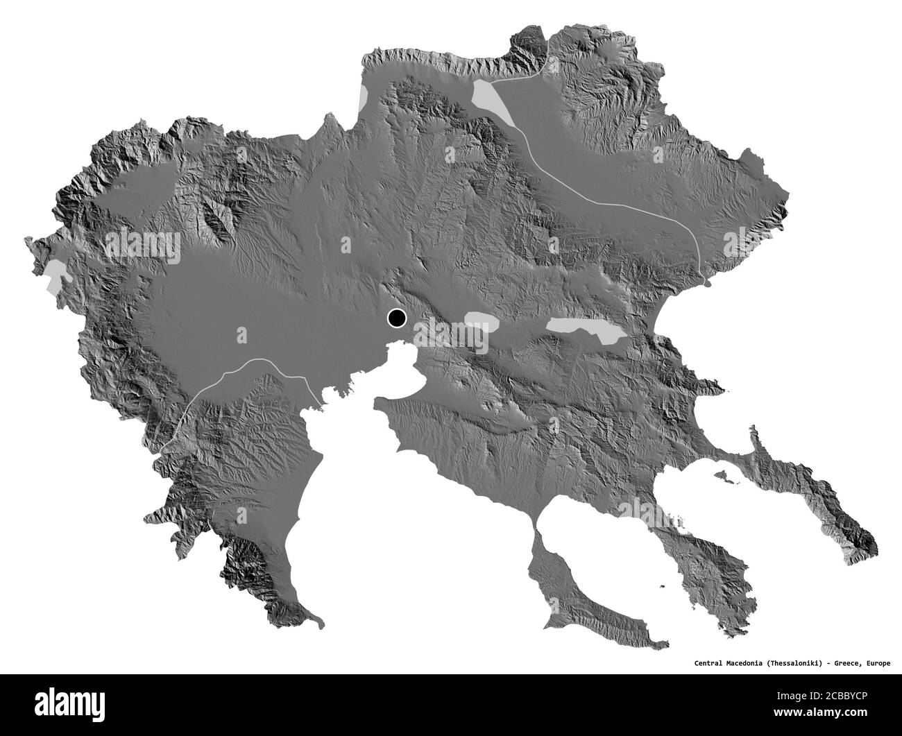 Shape of Central Macedonia, decentralized administration of Greece, with its capital isolated on white background. Bilevel elevation map. 3D rendering Stock Photo