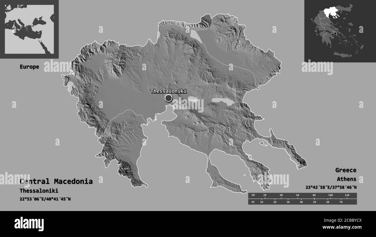 Shape of Central Macedonia, decentralized administration of Greece, and its capital. Distance scale, previews and labels. Bilevel elevation map. 3D re Stock Photo