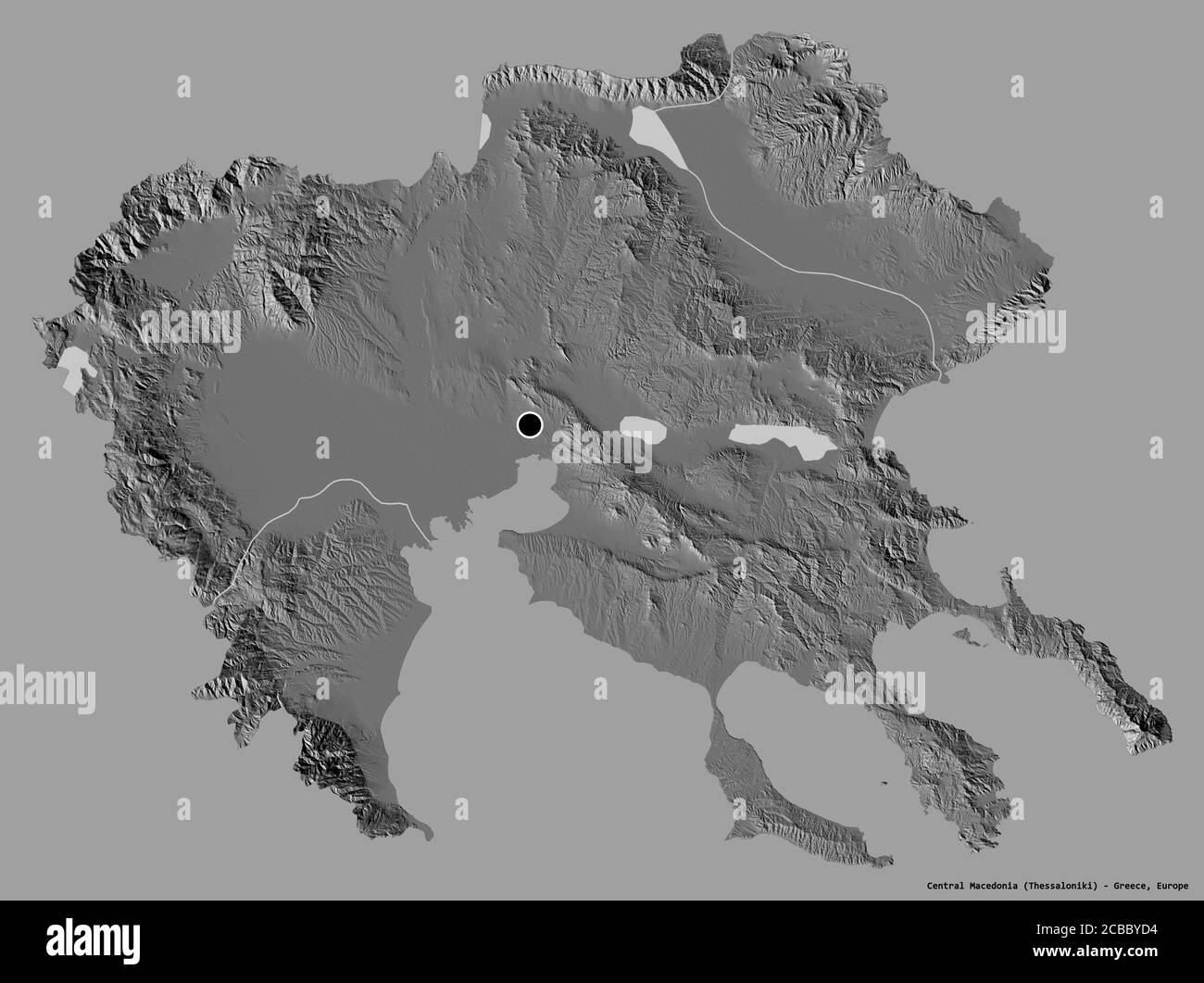 Shape of Central Macedonia, decentralized administration of Greece, with its capital isolated on a solid color background. Bilevel elevation map. 3D r Stock Photo