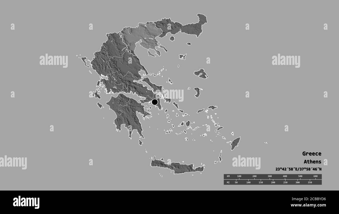 Desaturated shape of Greece with its capital, main regional division and the separated Central Macedonia area. Labels. Bilevel elevation map. 3D rende Stock Photo