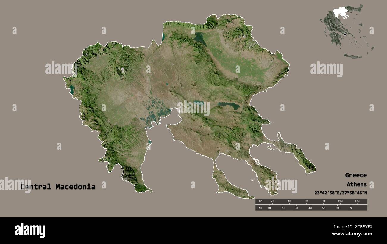 Shape of Central Macedonia, decentralized administration of Greece, with its capital isolated on solid background. Distance scale, region preview and Stock Photo