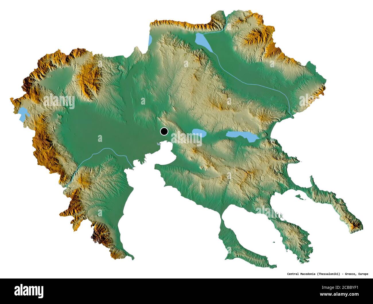 Shape of Central Macedonia, decentralized administration of Greece, with its capital isolated on white background. Topographic relief map. 3D renderin Stock Photo