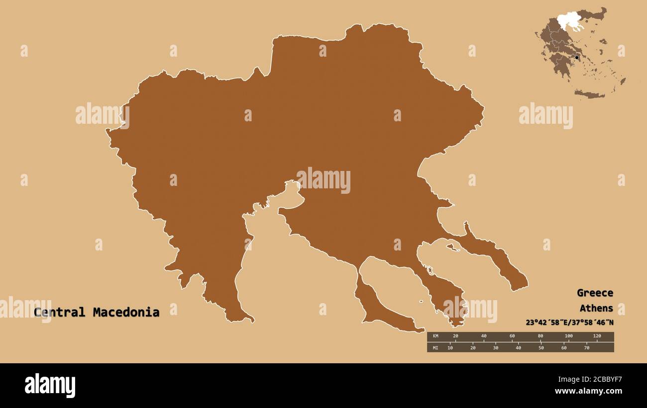 Shape of Central Macedonia, decentralized administration of Greece, with its capital isolated on solid background. Distance scale, region preview and Stock Photo