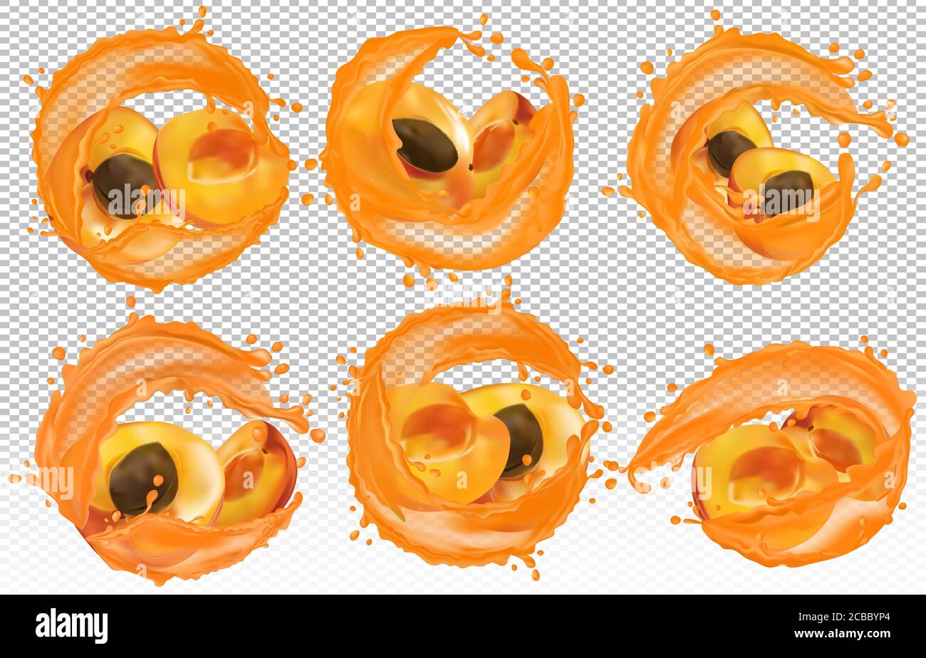 Apricot juice. Collection fresh fruit. Splashing juice on apricot. Sweet cocktail. Apricot are