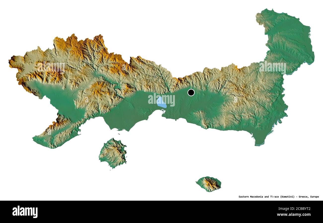 Shape of Eastern Macedonia and Thrace, decentralized administration of Greece, with its capital isolated on white background. Topographic relief map. Stock Photo