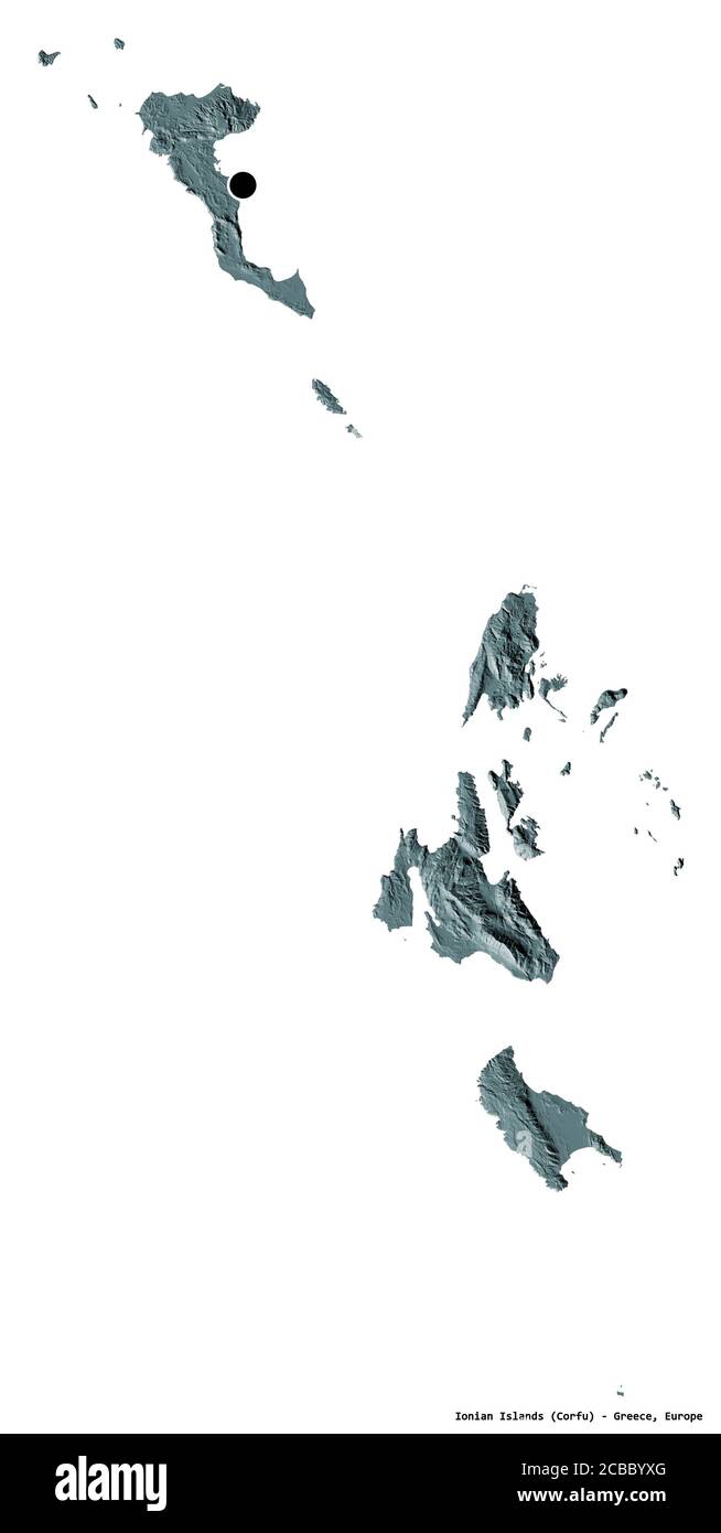 Shape of Ionian Islands, decentralized administration of Greece, with its capital isolated on white background. Colored elevation map. 3D rendering Stock Photo