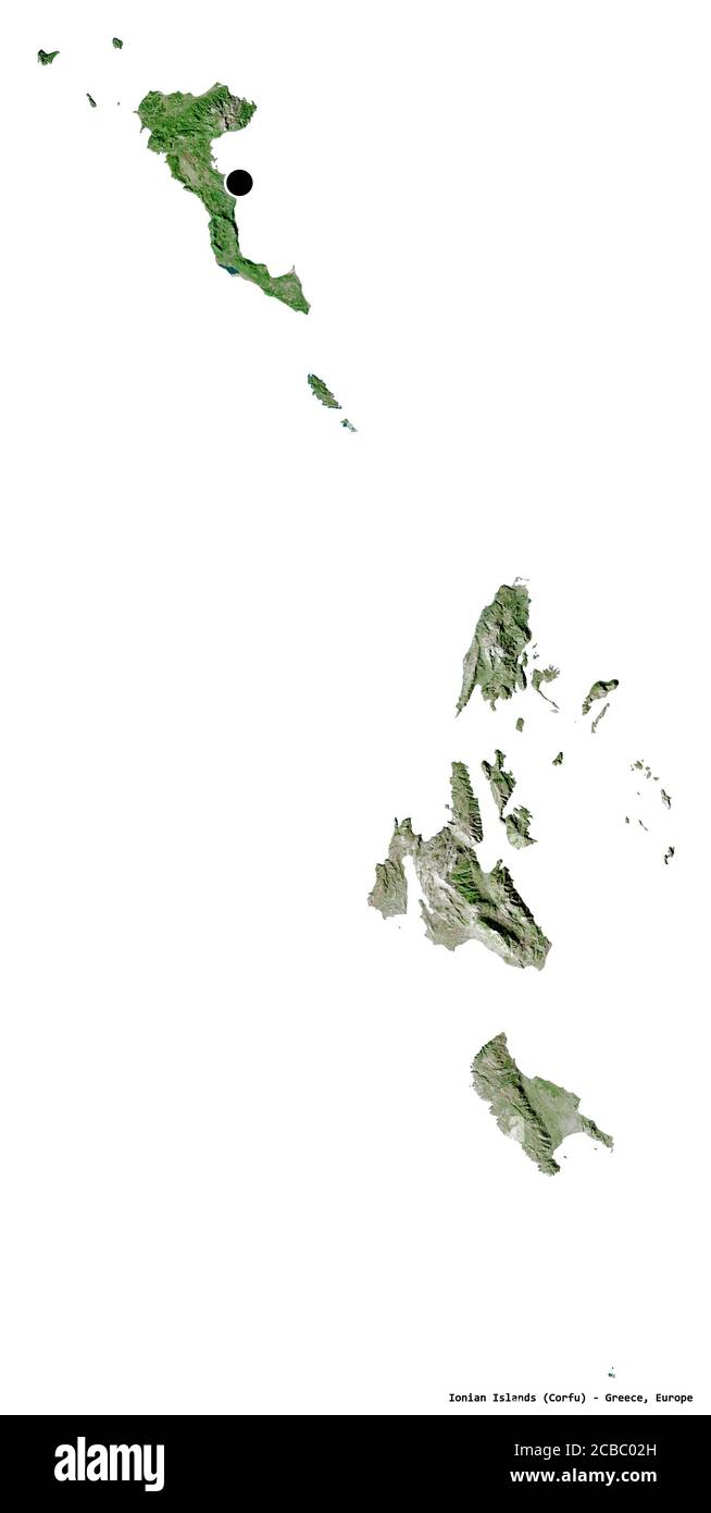 Shape of Ionian Islands, decentralized administration of Greece, with its capital isolated on white background. Satellite imagery. 3D rendering Stock Photo