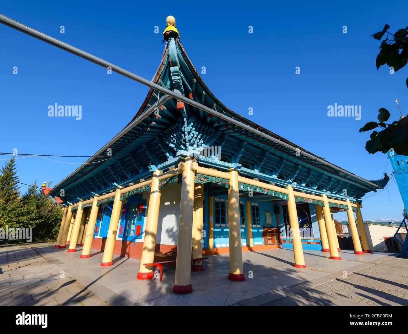 Dungan Mosque in Karakol, Kyrgyzstan. Wooden mosque built without nails and with buddhist architecture influence. Also know as 'The Mosque'. Stock Photo