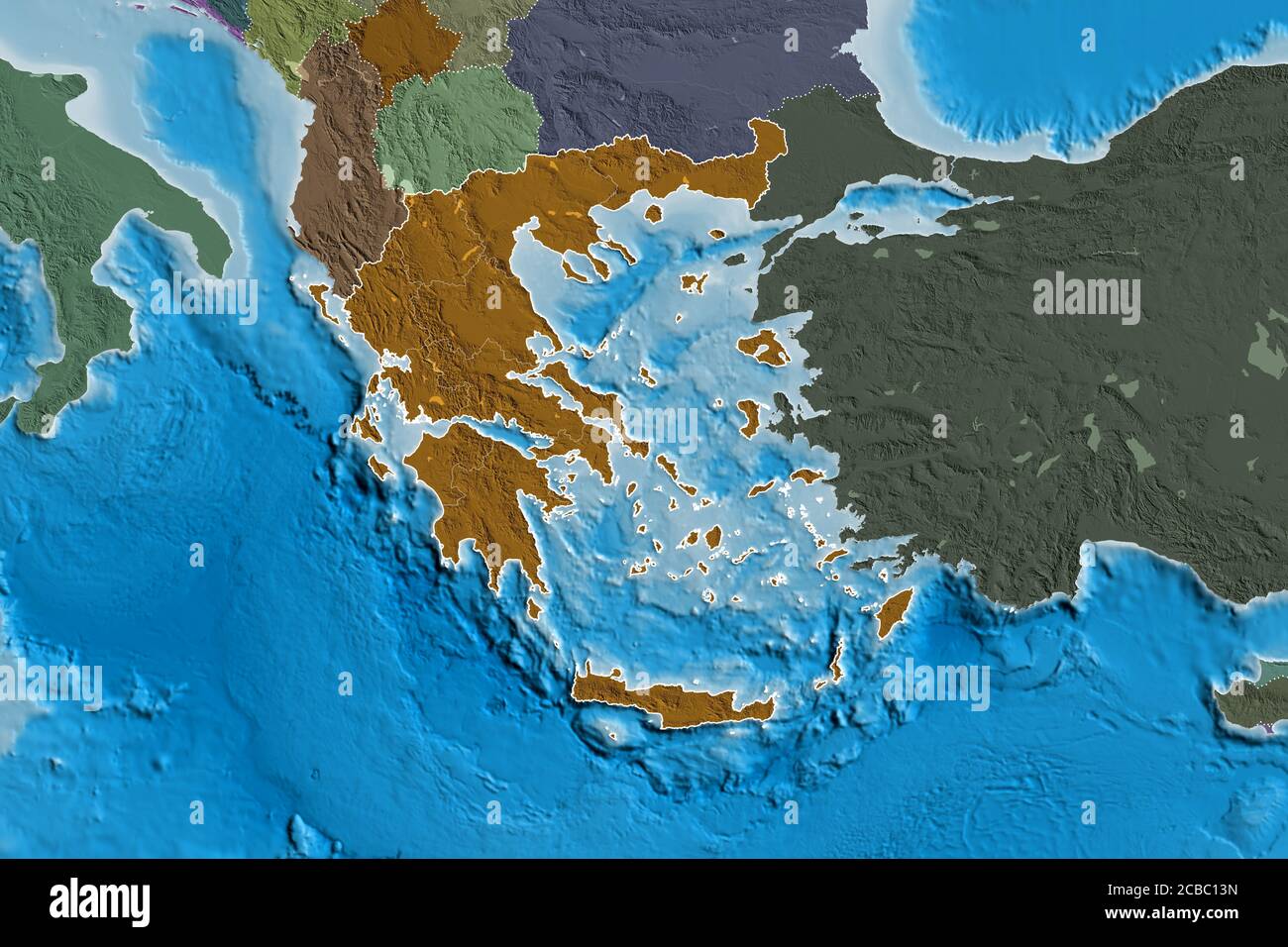 Elevation Map Of Greece Extended Area Of Greece With Country Outline International And Regional Borders Colored Elevation Map 3d Rendering 2CBC13N