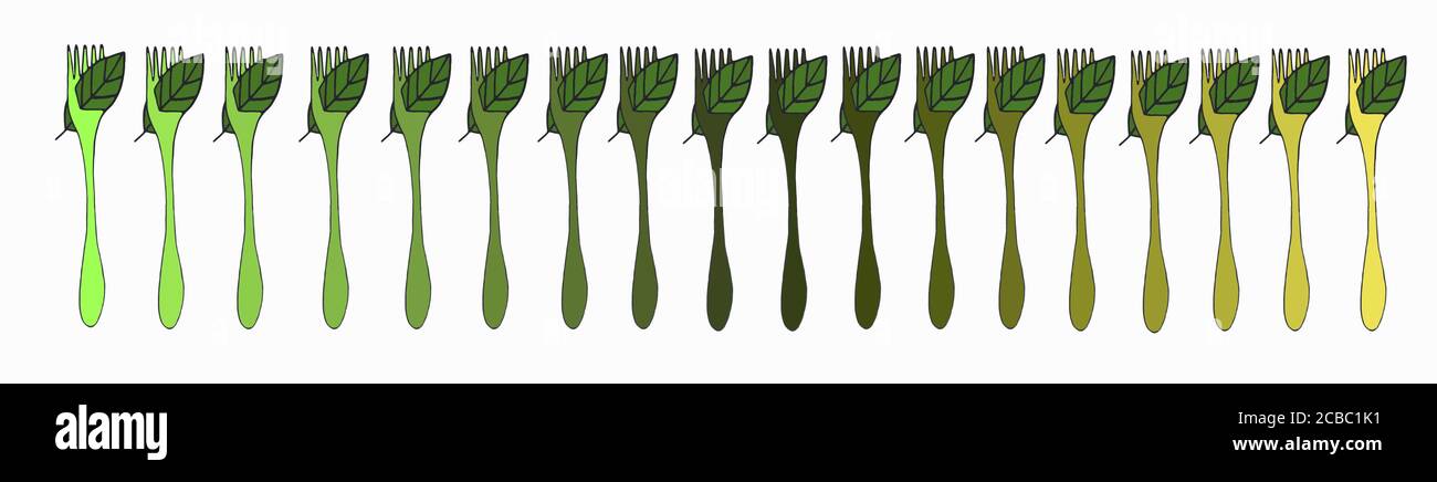 Set of forks with green leaves and green gradient on white background for vegan menu decor, restaurant invitation and presentation Stock Vector