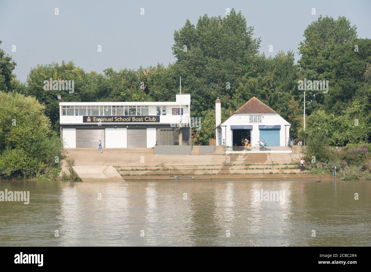 Emanuel School Boathouse and the Civil Service Boathouse, in Duke's Meadows, London, W4, UK. Stock Photo