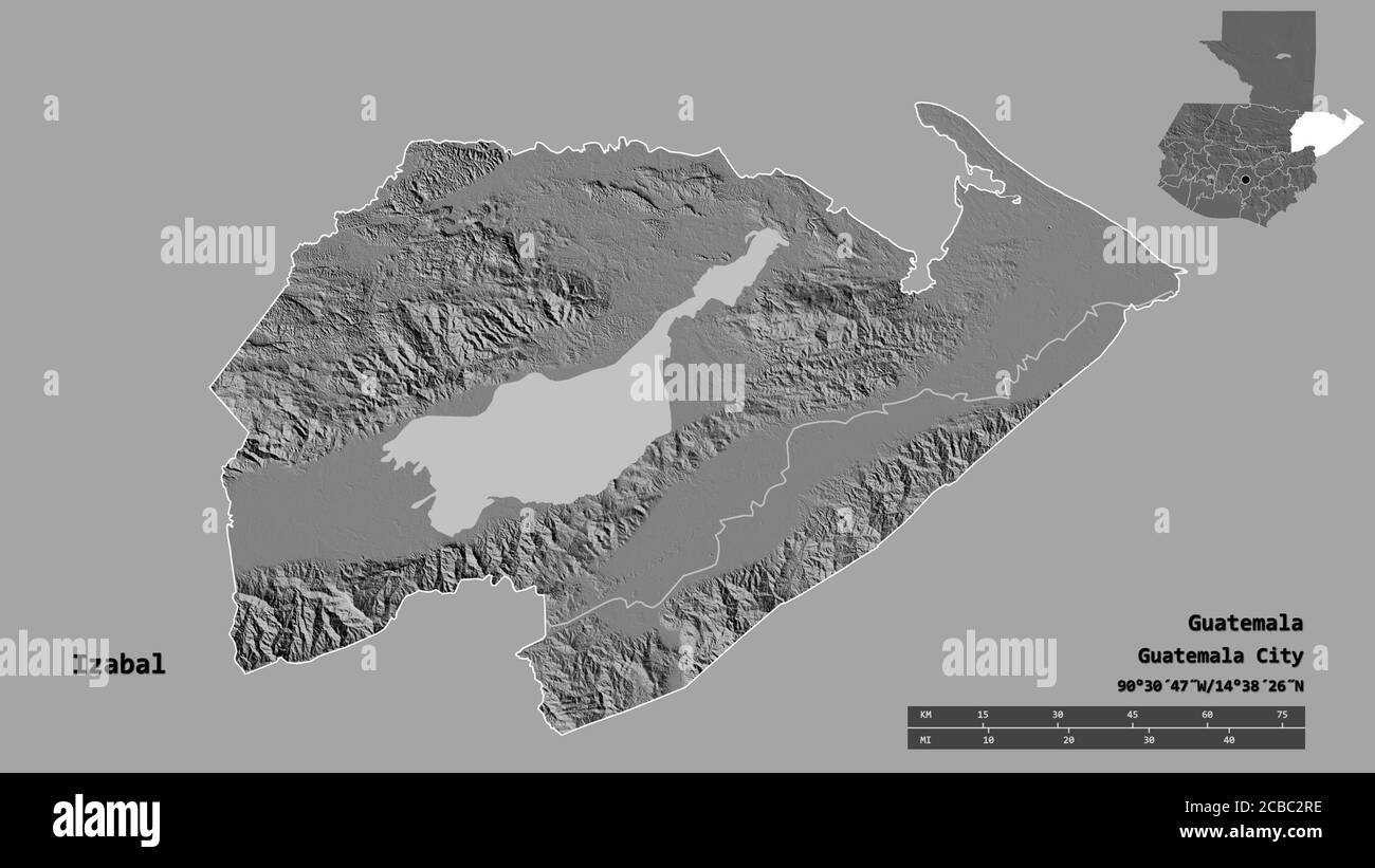 Shape of Izabal, department of Guatemala, with its capital isolated on solid background. Distance scale, region preview and labels. Bilevel elevation Stock Photo