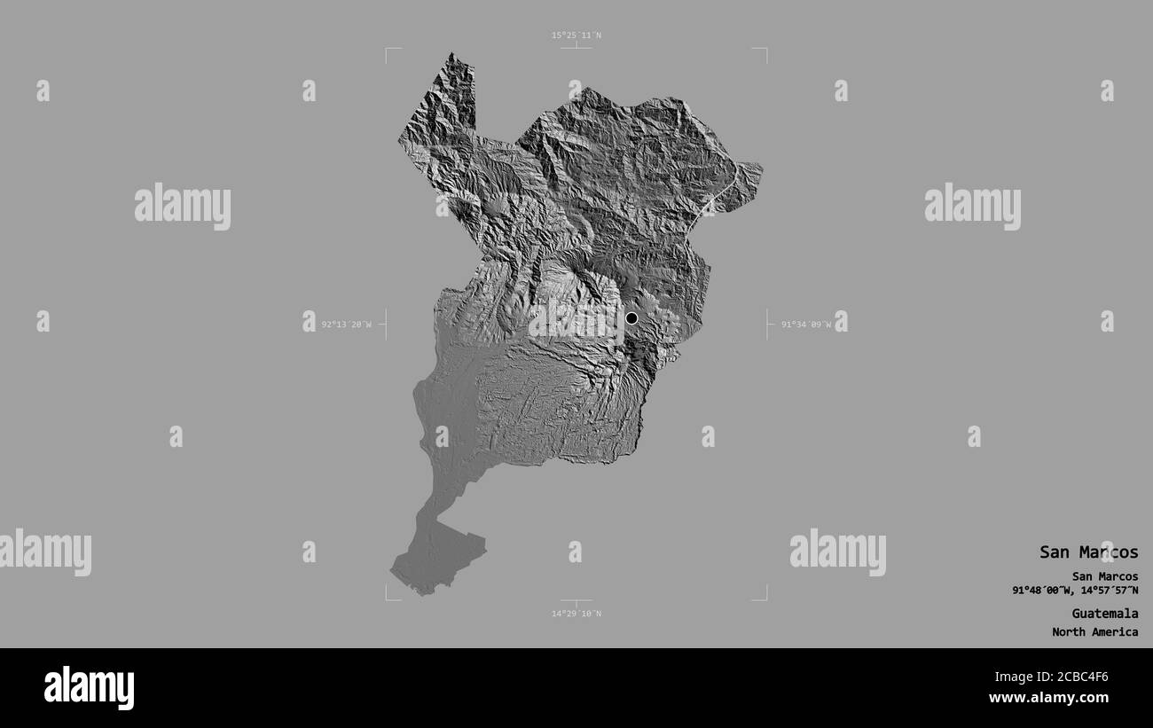 Ixchiguan San Marcos Guatemala Map Area Of San Marcos, Department Of Guatemala, Isolated On A Solid Background  In A Georeferenced Bounding Box. Labels. Bilevel Elevation Map. 3D Renderi  Stock Photo - Alamy