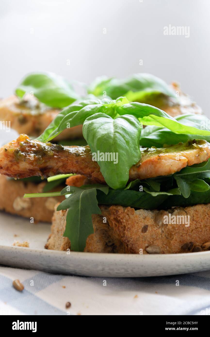 Ready To Eat Sandwich With Grilled Chicken Meat And Basil Pesto Stock Photo Alamy