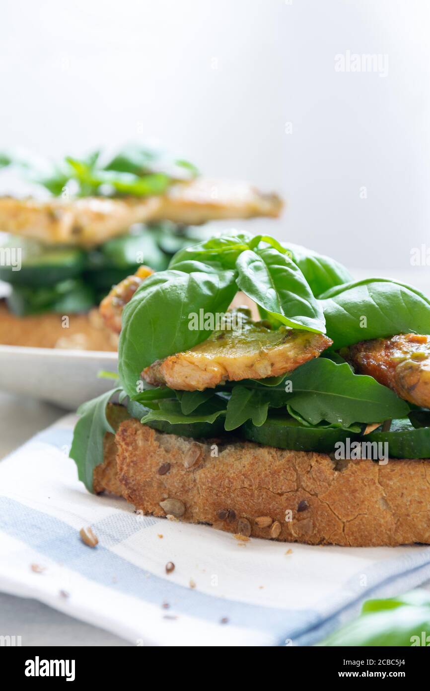 Ready To Eat Sandwich With Grilled Chicken Meat And Basil Pesto Stock Photo Alamy