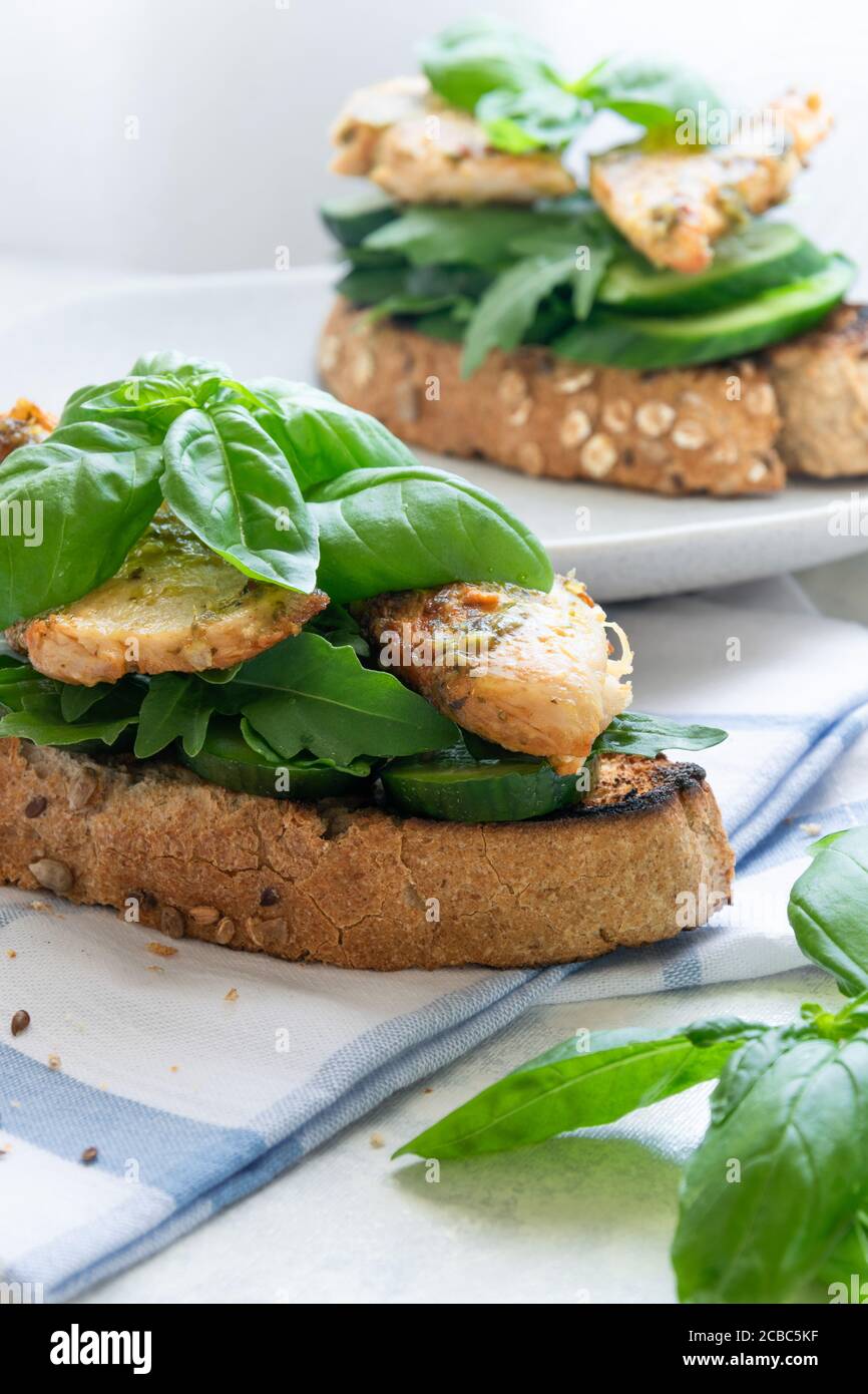 Ready To Eat Sandwich With Grilled Chicken Meat And Basil Pesto Stock Photo Alamy