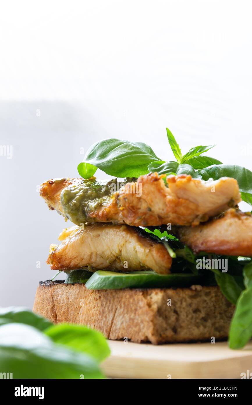 Ready To Eat Sandwich With Grilled Chicken Meat And Basil Pesto Stock Photo Alamy