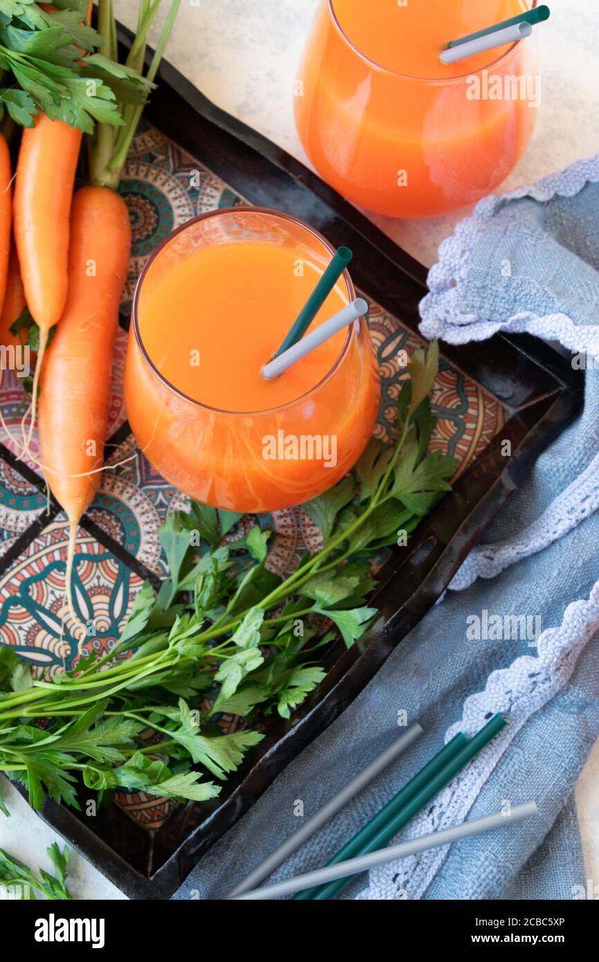 Fresh carrot juice, healthy homemade detox beverage Stock Photo