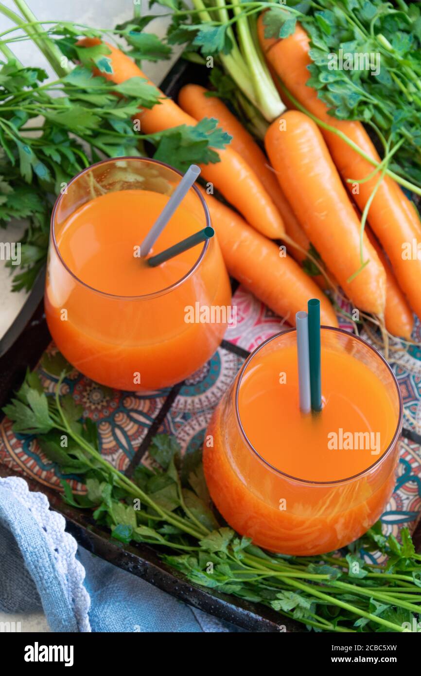 Fresh carrot juice, healthy homemade detox beverage Stock Photo