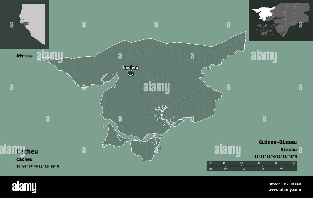 Shape of Cacheu, region of Guinea-Bissau, and its capital. Distance ...