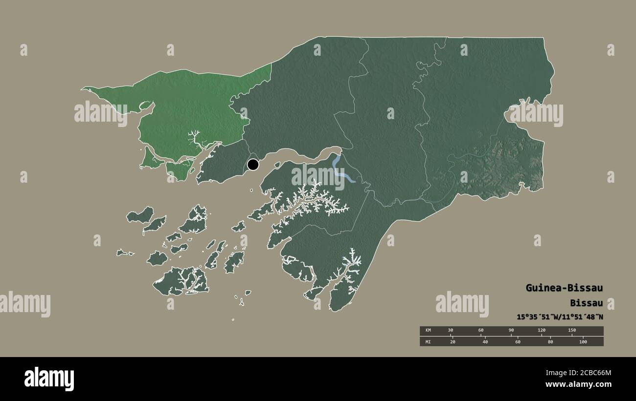 Desaturated shape of Guinea-Bissau with its capital, main regional ...